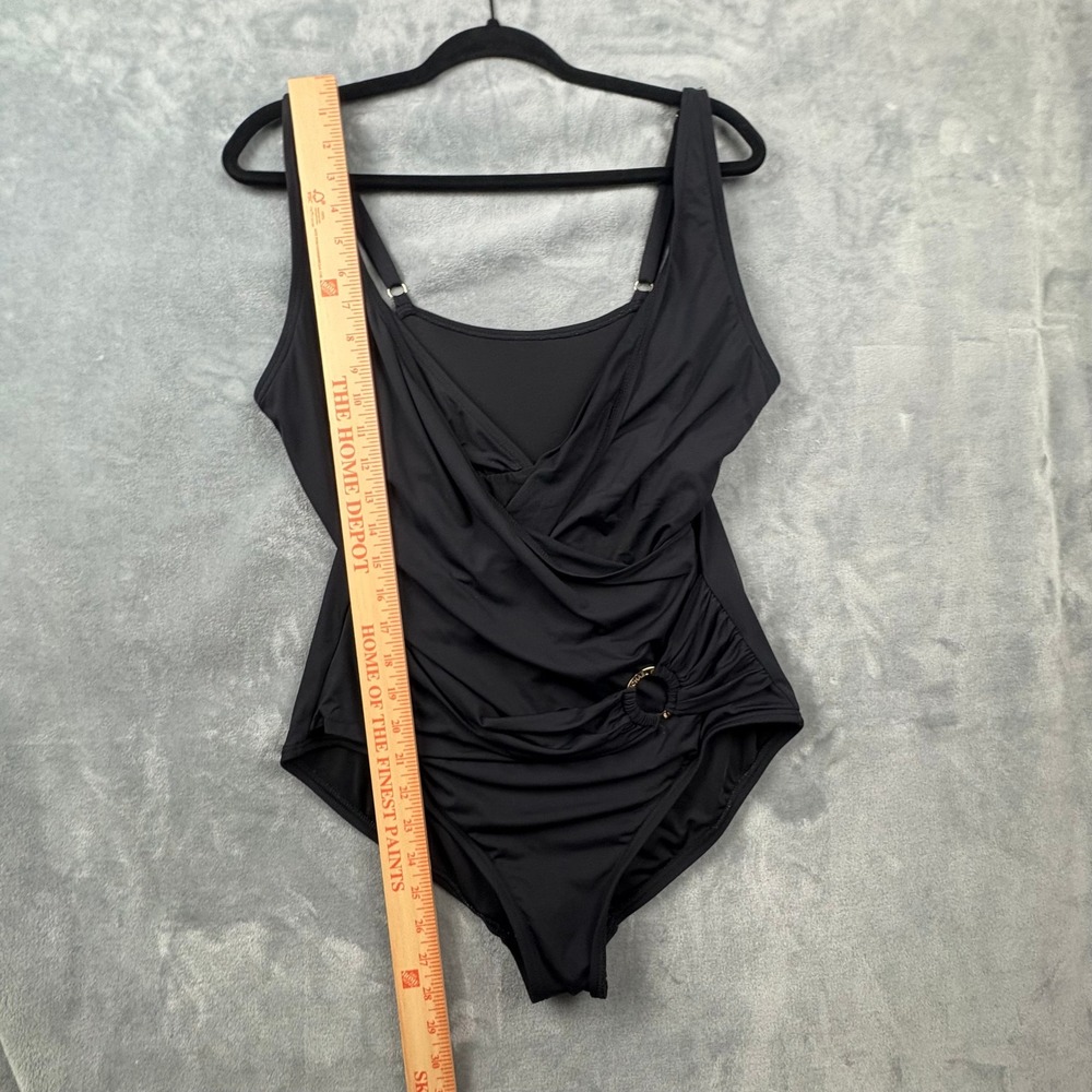Michael Kors Womens Black One Piece Swimsuit Ruched Gold Hardware Surplice Wrap - Picture 11 of 11